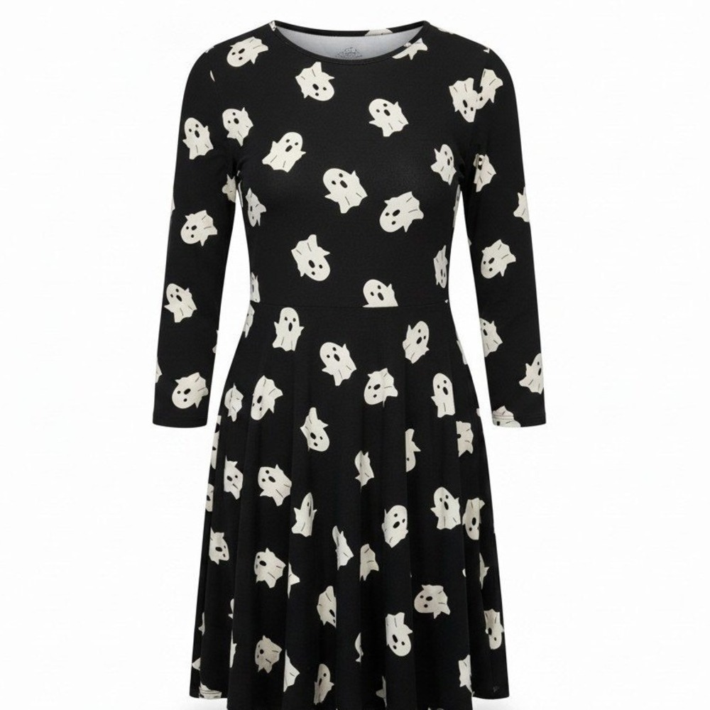 St Johns Bay Womens Size L Ghost Print Halloween Dress Black 3/4 Sleeve Flare